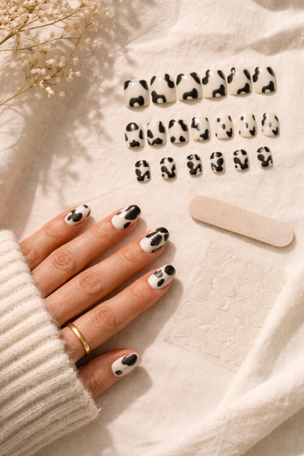 Cow Print Press-On Nails – Mustavalkoinen manikyyri hetkessä