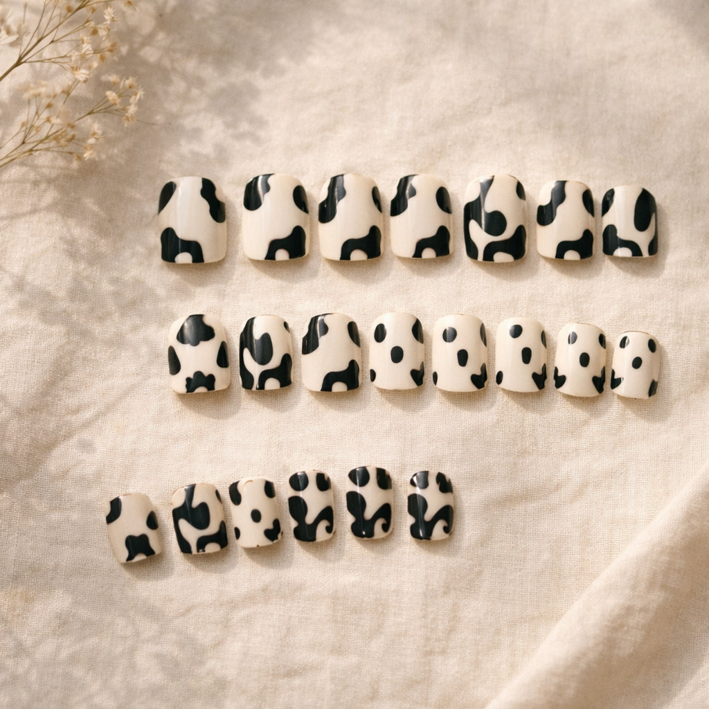 Cow Print Press-On Nails – Mustavalkoinen manikyyri hetkessä