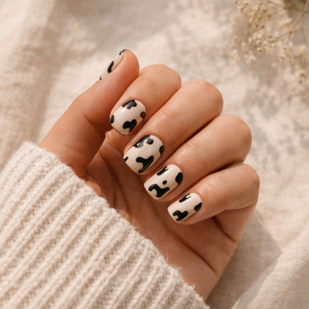 Cow Print Press-On Nails – Mustavalkoinen manikyyri hetkessä