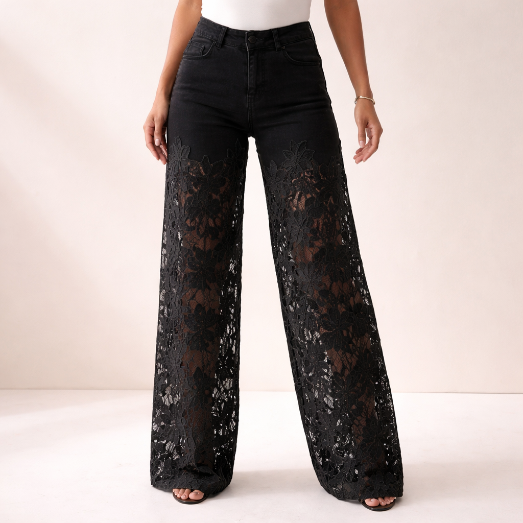 Black Lace Denim Pants