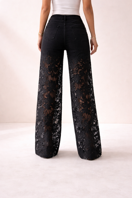 Black Lace Denim Pants